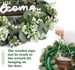 Sggvecsy 16in Artificial Eucalyptus Wreath with Welcome Sign Green Eucalyptus Leaf Wreath Greenery Wreath Round Leaves Wreath for Front Door Wall Window Festival Farmhouse Porch Patio Garden Decor