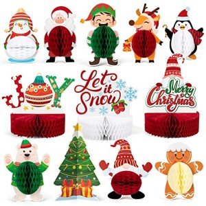 Mocoosy 12 Pack Christmas Party Honeycomb Centerpieces for Table Decorations, Xmas Center Pieces Table Topper Signs with Gnome Santa Snowman Tabletop Centerpieces for Holidays Winter Party Supplies