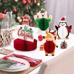 Mocoosy 12 Pack Christmas Party Honeycomb Centerpieces for Table Decorations, Xmas Center Pieces Table Topper Signs with Gnome Santa Snowman Tabletop Centerpieces for Holidays Winter Party Supplies