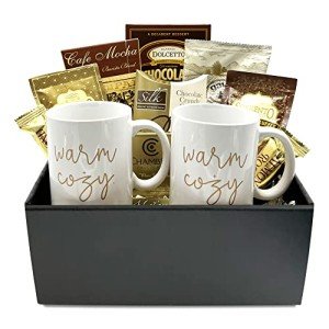 Coffee Gift Baskets - Hot Cocoa Gift - Food Gift - Valentines Coffee Gift Box- 2 Mugs, Wafers, Hot Cocoa, Coffee, Snacks and More (Warm and Cozy)