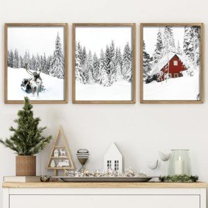 Ronasip Set of 3 Farmhouse Winter Wall Art Framed Snow Forest Wall Decor Reindeer Holiday Home Decor 12x16 Brown