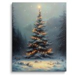 ART Christmas Canvas Wall Illuminated Christmas Tree in Winter Forest Landscape Picture Print Poster Framed Festive Holiday Wall Painting for Living Room Bedroom Seasonal Decor 24x30inch