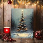 ART Christmas Canvas Wall Illuminated Christmas Tree in Winter Forest Landscape Picture Print Poster Framed Festive Holiday Wall Painting for Living Room Bedroom Seasonal Decor 24x30inch