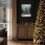 ART Christmas Canvas Wall Illuminated Christmas Tree in Winter Forest Landscape Picture Print Poster Framed Festive Holiday Wall Painting for Living Room Bedroom Seasonal Decor 24x30inch