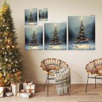 ART Christmas Canvas Wall Illuminated Christmas Tree in Winter Forest Landscape Picture Print Poster Framed Festive Holiday Wall Painting for Living Room Bedroom Seasonal Decor 24x30inch