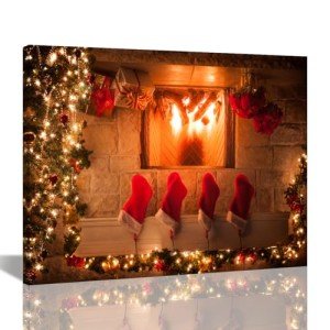Christmas Canvas Wall Art, Red Xmas Tree Fireplace Pattern, Winter Holiday Bathroom Decor, Festive Christmas Bathroom Wall Art, 16x12 Inches