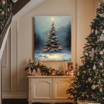 ART Christmas Canvas Wall Illuminated Christmas Tree in Winter Forest Landscape Picture Print Poster Framed Festive Holiday Wall Painting for Living Room Bedroom Seasonal Decor 24x30inch