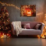Christmas Canvas Wall Art, Red Xmas Tree Fireplace Pattern, Winter Holiday Bathroom Decor, Festive Christmas Bathroom Wall Art, 16x12 Inches