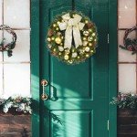 Hausse Lighted Christmas Wreath with Metal Hanger, Pre-lit Xmas Wreath with Large Golden Bow & Balls, 8 Modes & Timer, Battery Operated with 40 Lights, for Front Door Gate Wall Xmas Party Decorations