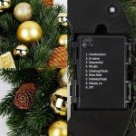 Hausse Lighted Christmas Wreath with Metal Hanger, Pre-lit Xmas Wreath with Large Golden Bow & Balls, 8 Modes & Timer, Battery Operated with 40 Lights, for Front Door Gate Wall Xmas Party Decorations