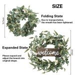 Sggvecsy Green Artificial Eucalyptus Wreath with Welcome Sign 20in Spring Summer Wreath with White Berries for Front Door Wall Window Festival Farmhouse Porch Patio Garden Decor