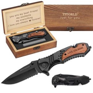 Gifts for Him Men Husband, Christmas Stocking Stuffers, Anniversary Birthday Gifts ideas for Him, Engraved Pocket Knife, Wooden Handle Folding Knife with Wood Box, Unique Outdoor Camping Hiking Tool
