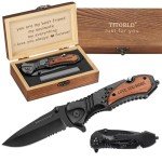 Gifts for Him Men Husband, Christmas Stocking Stuffers, Anniversary Birthday Gifts ideas for Him, Engraved Pocket Knife, Wooden Handle Folding Knife with Wood Box, Unique Outdoor Camping Hiking Tool
