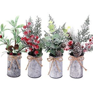 Omldggr Artificial Christmas Centerpiece Decorations, Christmas Picks and Sprays 4 Pack Christmas Potted Plants for Home Office Decor Tiered Tray Tabletop Display