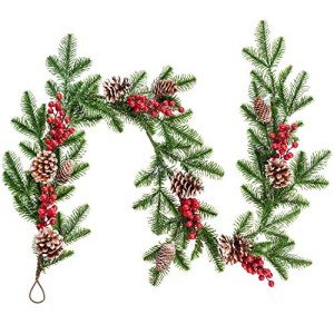 DearHouse 6FT Artificial Christmas Pine Garland with Red Berry Branch Pine Cone Winter Greenery Garland for Holiday Season Mantel Fireplace Table Runner Centerpiece Décor