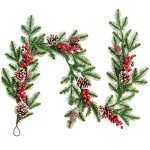 DearHouse 6FT Artificial Christmas Pine Garland with Red Berry Branch Pine Cone Winter Greenery Garland for Holiday Season Mantel Fireplace Table Runner Centerpiece Décor