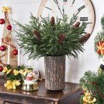 Artificial Christmas Norfolk Pine Stems Branches for Vases,12 Bundles Faux Fake Greenery Evergreen Real Touch Feel Green Branch with Pinecones for Holiday Winter Table Xmas Decorating