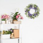 YNYLCHMX 18" Summer Wreaths for Front Door Spring Eucalyptus Wreath Door Wreaths for Spring Summer Floral Wreath with Purle Pansy for Outside Wall Window Farmhouse Indoor Outdoor Party Holiday Home