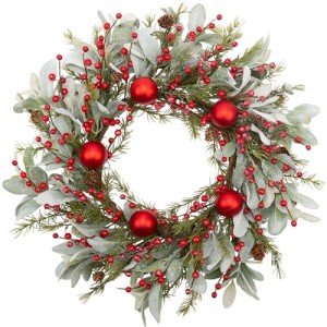 Skrantun 20 Inch Christmas Wreath Winter Wreath with Lambs Ear Leaves Artificial Door Wreath with Christmas Balls Red Berry Christmas Decorations for Home Farmhouse Wall Festival Decor