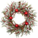 Skrantun 20 Inch Christmas Wreath Winter Wreath with Lambs Ear Leaves Artificial Door Wreath with Christmas Balls Red Berry Christmas Decorations for Home Farmhouse Wall Festival Decor