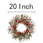 Skrantun 20 Inch Christmas Wreath Winter Wreath with Lambs Ear Leaves Artificial Door Wreath with Christmas Balls Red Berry Christmas Decorations for Home Farmhouse Wall Festival Decor