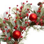 Skrantun 20 Inch Christmas Wreath Winter Wreath with Lambs Ear Leaves Artificial Door Wreath with Christmas Balls Red Berry Christmas Decorations for Home Farmhouse Wall Festival Decor