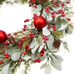 Skrantun 20 Inch Christmas Wreath Winter Wreath with Lambs Ear Leaves Artificial Door Wreath with Christmas Balls Red Berry Christmas Decorations for Home Farmhouse Wall Festival Decor