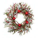 Skrantun 20 Inch Christmas Wreath Winter Wreath with Lambs Ear Leaves Artificial Door Wreath with Christmas Balls Red Berry Christmas Decorations for Home Farmhouse Wall Festival Decor