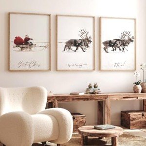 JarThenaAMCS 3Pcs Large Christmas Canvas Wall Art Prints Santa Claus with Sleigh Deer Art Poster Winter Xmas Wall Decor for Gallery Living Room Bedroom (UNFRAMED 16 x 24in)