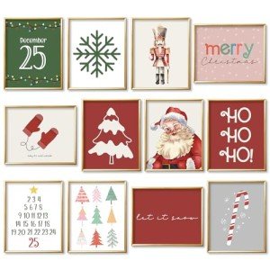 JarThenaAMCS 12Pcs Christmas Wall Art Prints Red & Green Boho Santa Xmas Tree Art Poster Winter Aesthetic Wall Decor for Gallery Living Room Bedroom (UNFRAMED)
