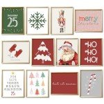 JarThenaAMCS 12Pcs Christmas Wall Art Prints Red & Green Boho Santa Xmas Tree Art Poster Winter Aesthetic Wall Decor for Gallery Living Room Bedroom (UNFRAMED)
