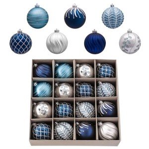 Valery Madelyn Christmas Ornaments Set, 16ct Navy Blue and Silver Shatterproof Fall Christmas Tree Decorations Ball Ornaments Bulk, 3.15 Inches Elegant Hanging Ornaments for Xmas Trees Decor