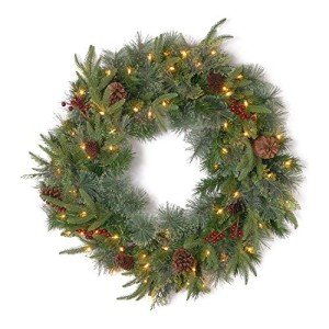 National Tree Company Pre-Lit Artificial Christmas Wreath, Green, Colonial Fir, White Lights, Decorated with Pine Cones, Berry Clusters, Christmas Collection, 24 Inches