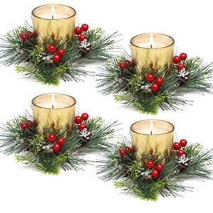 Christmas Candle Ring, 4 Pcs Votive Candle with Red Berry Pinecone, Xmas Ring Candle for Table Centerpiece Decoration Wedding Holiday,Gold