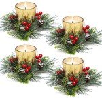 Christmas Candle Ring, 4 Pcs Votive Candle with Red Berry Pinecone, Xmas Ring Candle for Table Centerpiece Decoration Wedding Holiday,Gold