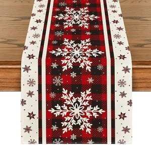 Artoid Mode Buffalo Plaid Snowflakes Christmas Table Runner, Seasonal Winter Kitchen Dining Table Decoration for Home Party Decor 13x72 Inch