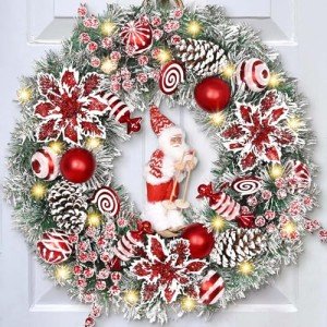 Christmas Wreaths for Front Door, 18" Christmas Wreath with Skiing Santa Claus, Red Poinsettias Christmas Wreath, Christmas Door Wreath for Indoor Outdoor Decoration