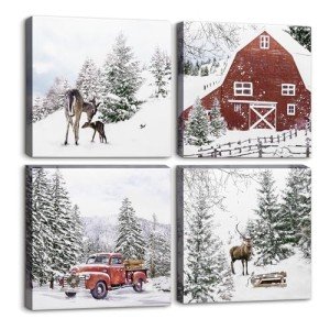 ArtbyHannah 12x12 Inch Christmas Canvas Wall Art, 4 Pack Framed Christmas Wall Art, Christmas Wall Decor with Winter Snowy Forest Scene, Vintage Christmas Decorations Indoor for Home Decor