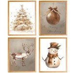 BearCake Christmas Winter Wall Art,Golden Snowman Posters Wall Art Prints,Golden Christmas Tree Elk Picture Wall Decor for Festive Holiday Room,Christmas Wall Decorations,8x10 Inches Set of 4 Unframed