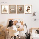 BearCake Christmas Winter Wall Art,Golden Snowman Posters Wall Art Prints,Golden Christmas Tree Elk Picture Wall Decor for Festive Holiday Room,Christmas Wall Decorations,8x10 Inches Set of 4 Unframed