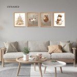 BearCake Christmas Winter Wall Art,Golden Snowman Posters Wall Art Prints,Golden Christmas Tree Elk Picture Wall Decor for Festive Holiday Room,Christmas Wall Decorations,8x10 Inches Set of 4 Unframed