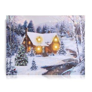NIKKY HOME Christmas Canvas Wall Art 16" x 12" - Lighted Up Snowy Scene Print LED Xmas Wall Art Prints for Holiday Decor