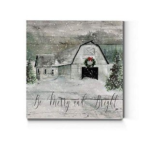 Renditions Gallery Be Merry and Bright Wall Art, Cute Christmas & Winter Artwork, Festive Barn, Faux Wood Look, Premium Gallery Wrapped Canvas Decor, Ready to Hang, 32 in H x 32 in W, Made in America