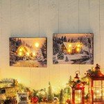 NIKKY HOME Christmas Canvas Wall Art 16" x 12" - Lighted Up Snowy Scene Print LED Xmas Wall Art Prints for Holiday Decor