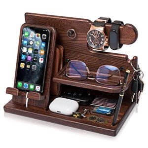 TESLYAR Wood Phone Docking Station for men - Desk Accessories & Workspace Organizer - Nightstand organizer - Birthday gifts for Men or Dad - Idea for Anniversary - Key Holder - Stand Watch (Brown)