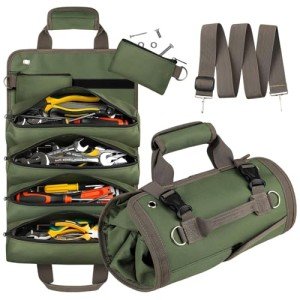Tool Bag Roll Up, UUP Heavy Duty Tool Organizer for Men Women, Portable Tool Storage with 2 Detachable Zipper Pouch, Compact Small Toolbag for Handyman RV Owners, Father Day Dad Birthday Gifts, Green
