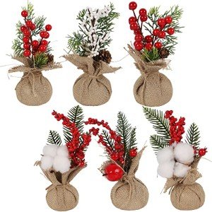 winemana 6 Pcs Mini Christmas Tree Table Decorations, 8" Small Artificial Trees with Red Berries Pine Cone Greenery Tabletop Centerpiece for Home Office Room Holiday Decorations