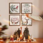 ArtbyHannah Framed Christmas Wall Art, Deer Christmas Wall Decor, 4 Pack 10x10 Inch Christmas Pictures Wall Decor with Robin, Indoor Christmas Decorations for Home