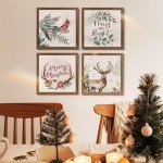 ArtbyHannah Framed Christmas Wall Art, Deer Christmas Wall Decor, 4 Pack 10x10 Inch Christmas Pictures Wall Decor with Robin, Indoor Christmas Decorations for Home