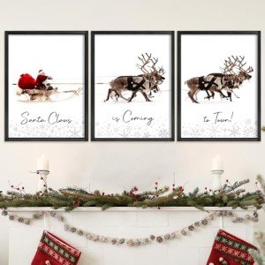 LITIVY Christmas Wall Art Prints - Set of 3 Santa Claus with Sleigh Deer for Home Decor - Xmas Sign - 12x16in - Black